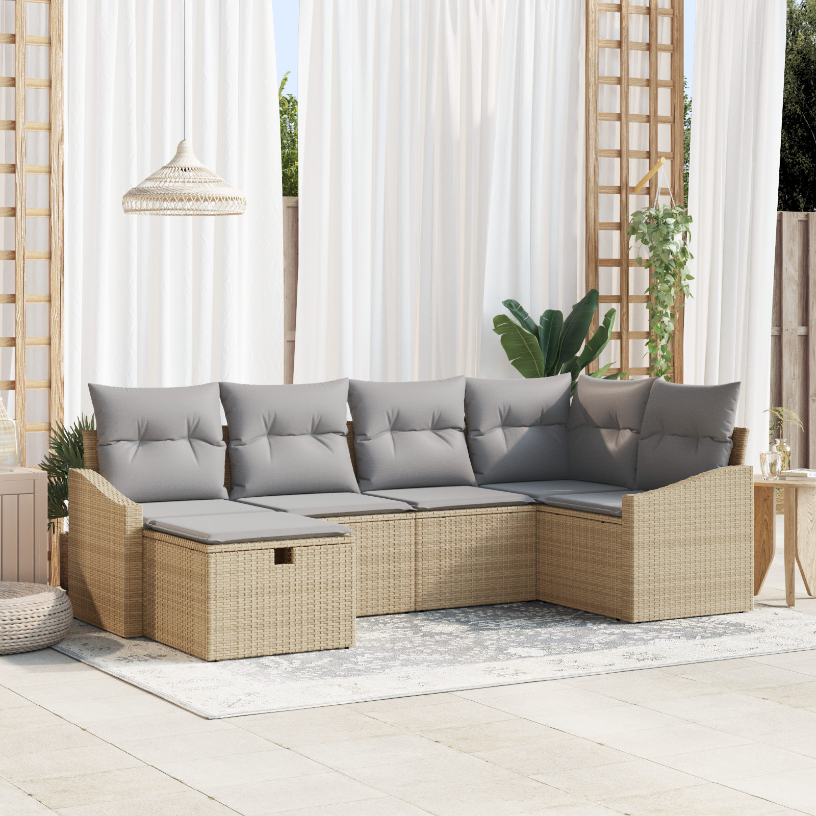 Set Divano da Giardino 6 Pezzi con Cuscini Beige Rattan Poliestere