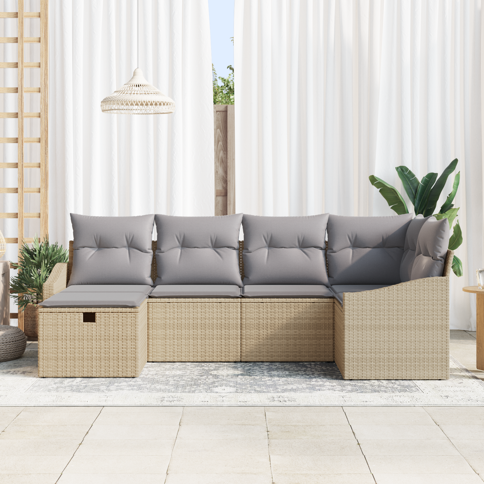 Set Divano da Giardino 6 Pezzi con Cuscini Beige Rattan Poliestere
