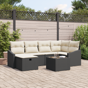Set Divano da Giardino 7 Pezzi con Cuscini Nero Polyrattan