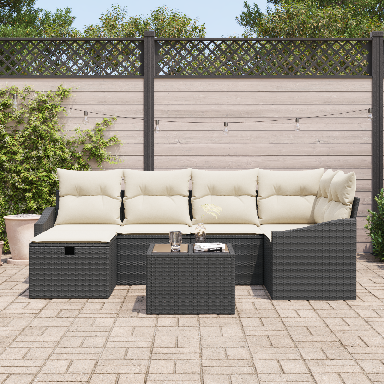 Set Divano da Giardino 7 Pezzi con Cuscini Nero Polyrattan
