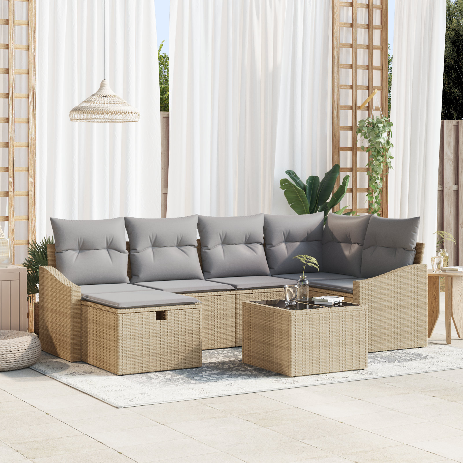 Set Divano da Giardino 7 Pezzi con Cuscini Beige Rattan Poligonale