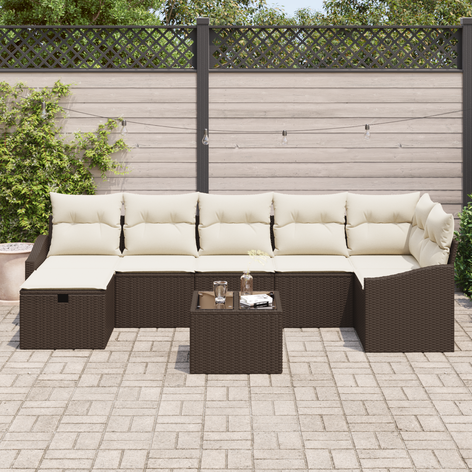 Set di Divani da Giardino 8 Pezzi con Cuscini Marrone Rattan Polietilene