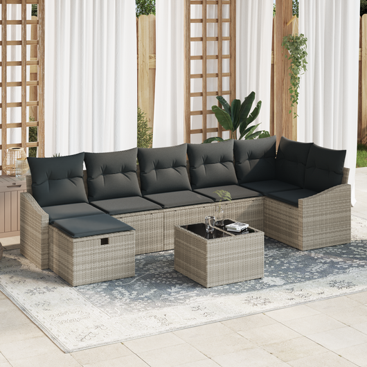 Set Divano da Giardino in 8 Pezzi con Cuscini Grigio Chiaro in Polyrattan