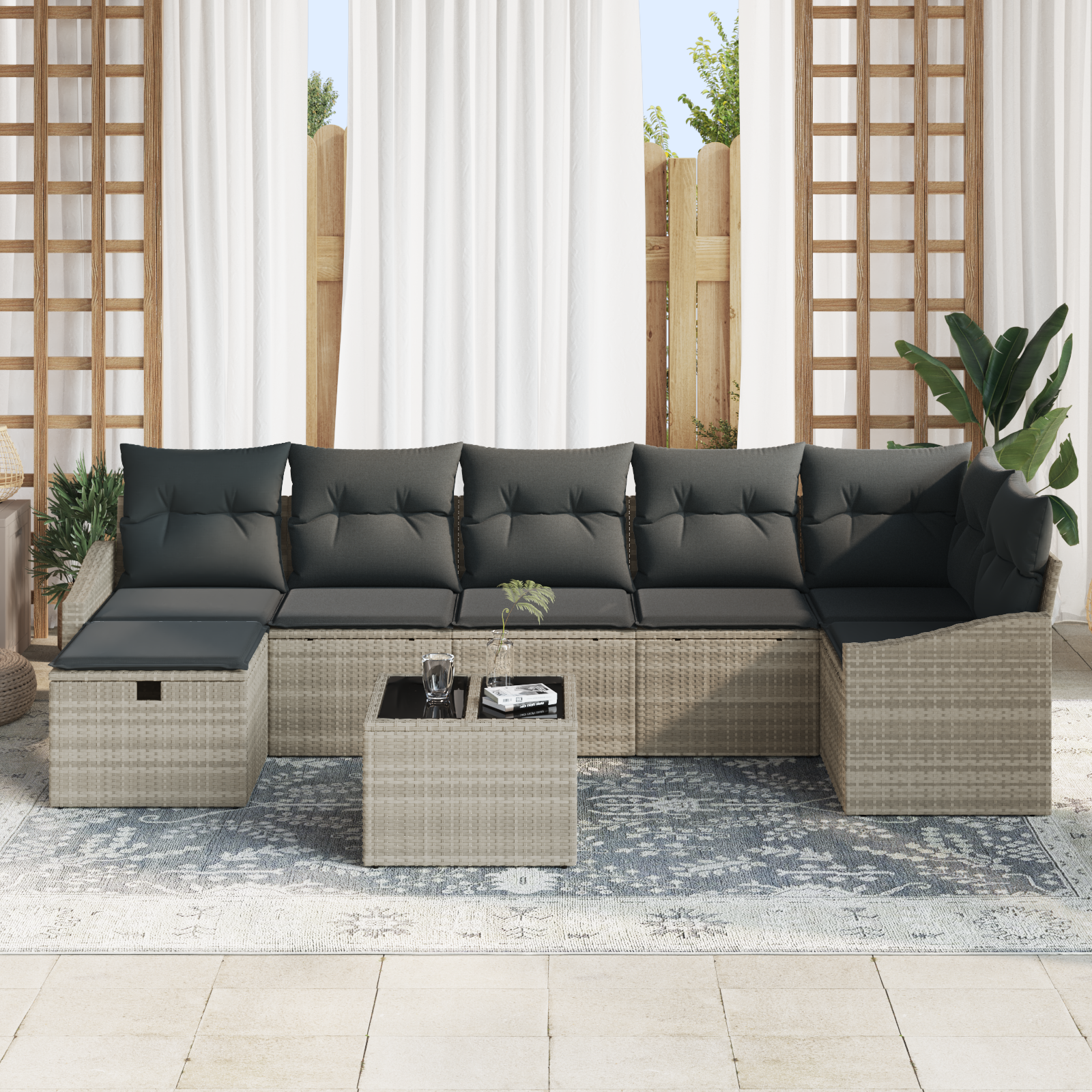 Set Divano da Giardino in 8 Pezzi con Cuscini Grigio Chiaro in Polyrattan