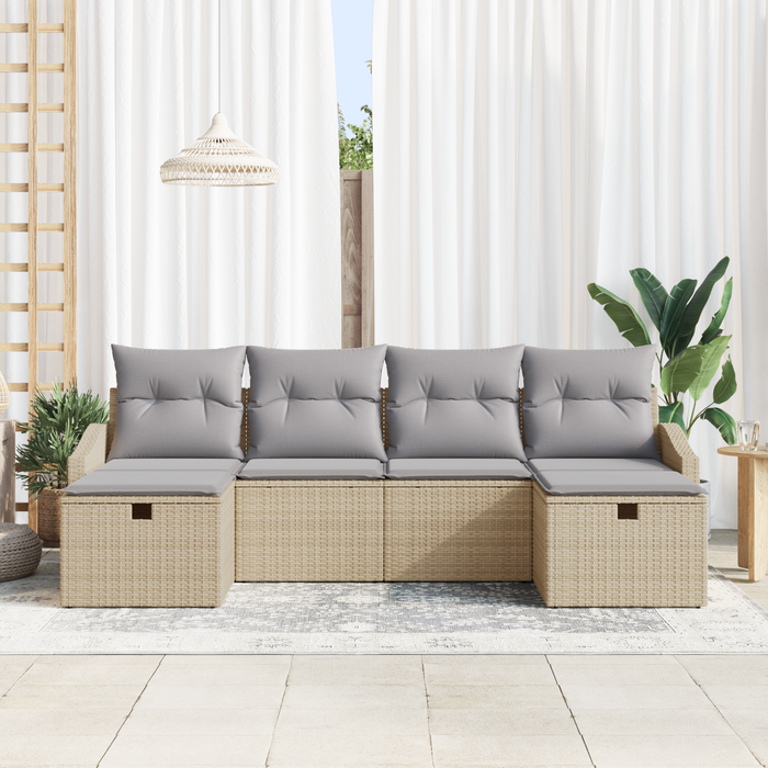 Set di Divani da Giardino 6 Pezzi con Cuscini Beige Rattan Poliestere