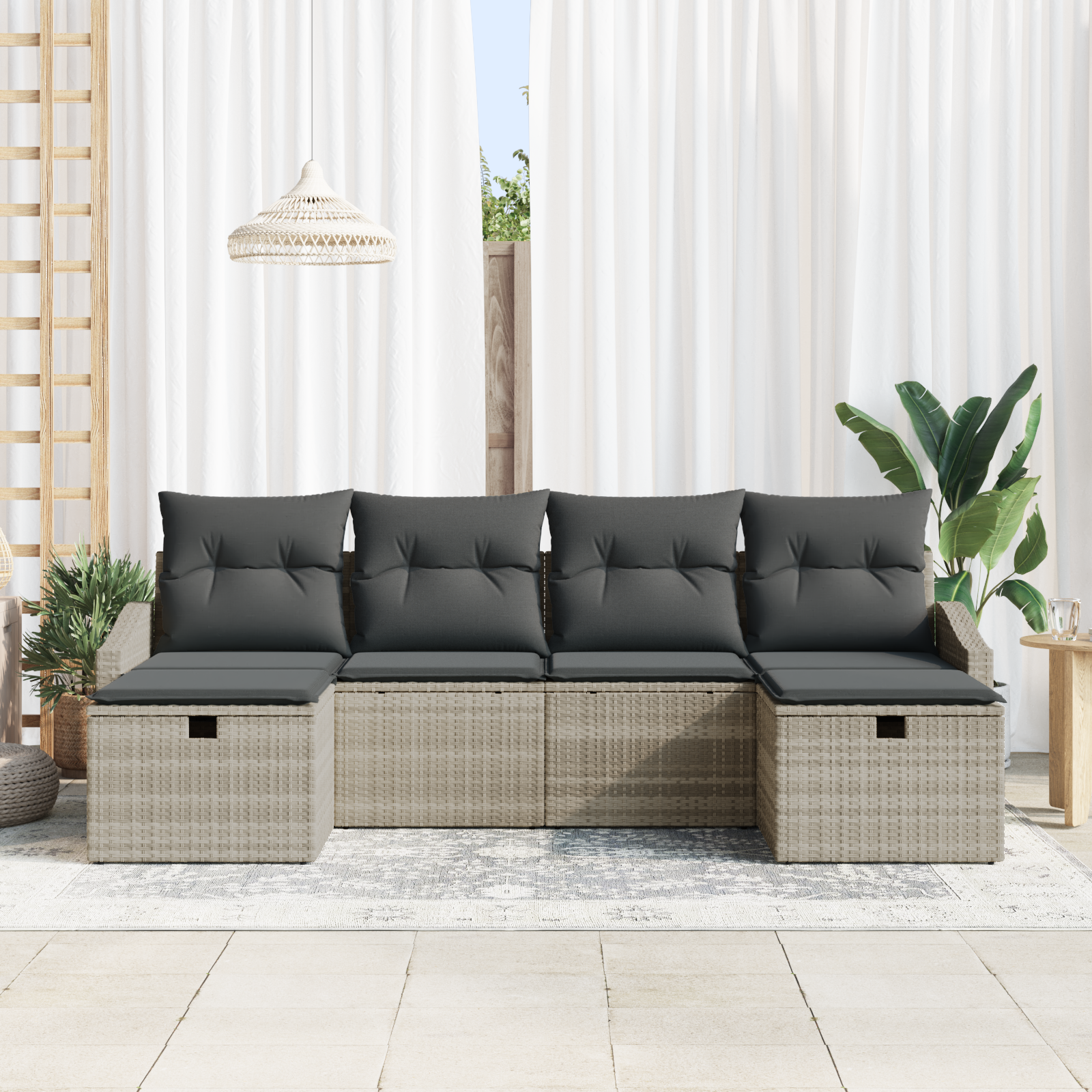 Set Divano da Giardino in 6 Pezzi con Cuscini Grigio Chiaro Rattan Sintetico