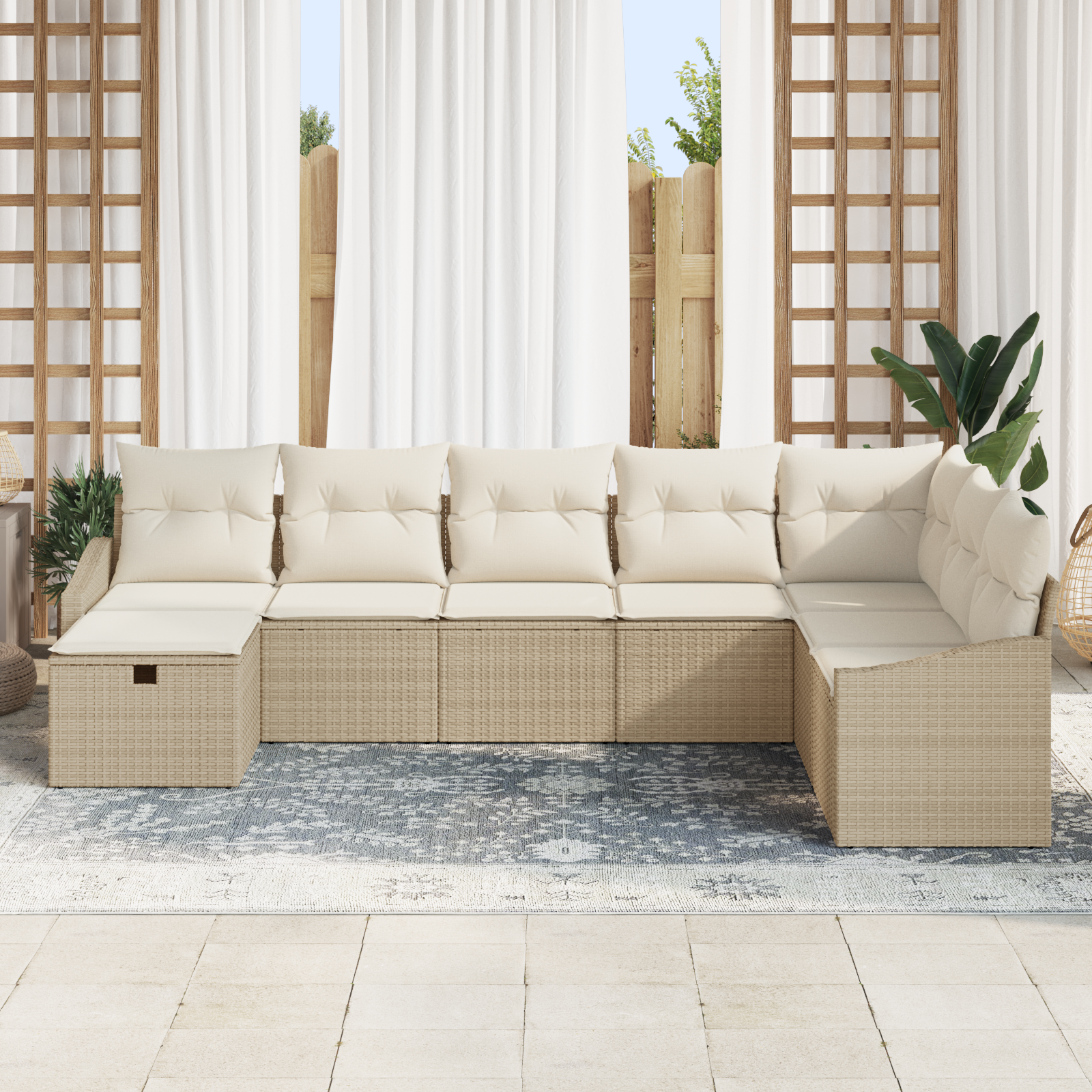 Set Divano da Giardino a 8 Pezzi con Cuscini Beige Rattan Poli