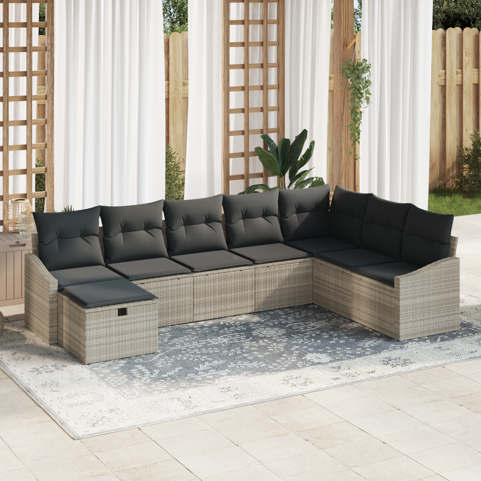 Set Divano da Giardino 8 Pezzi con Cuscini Grigio Chiaro Rattan Sintetico