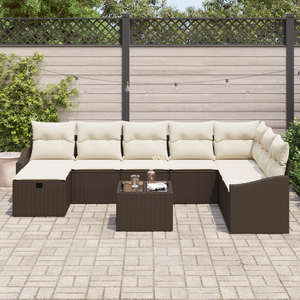 Set Divano da Giardino a 9 Pezzi con Cuscini Marrone in Rattan Poligonale