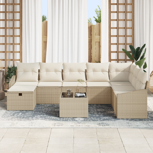 Set di Sofà da Giardino 9 Pezzi con Cuscini Beige Polietilene