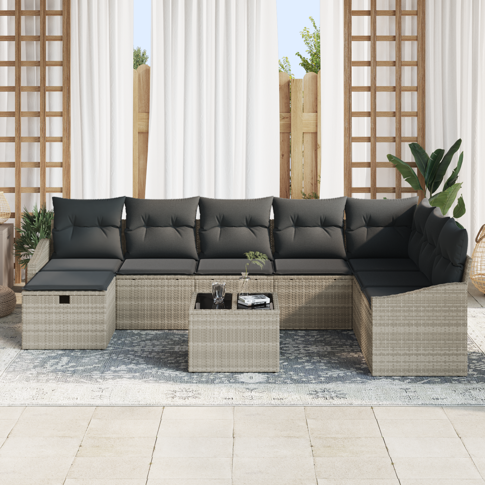 Set di divani da giardino da 9 pezzi con cuscini grigio chiaro in polyrattan