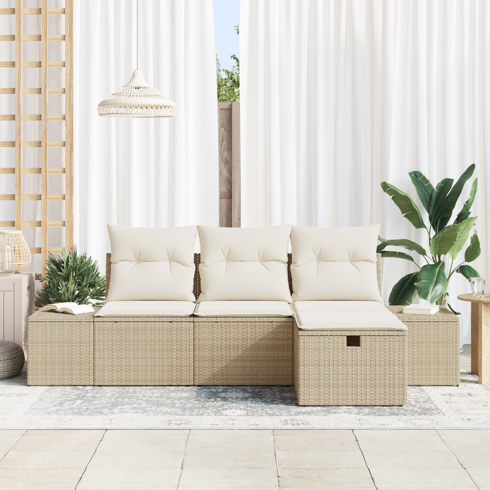 Set di Divani da Giardino a 4 Pezzi con Cuscini Beige in Rattan Polipropilene