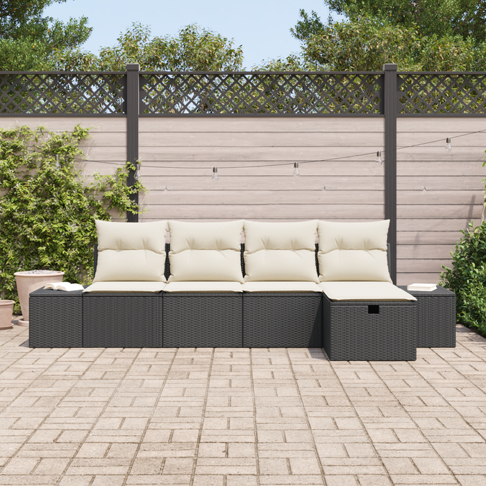 Set di Divani da Giardino da 5 Pezzi con Cuscini in Rattan Polyrattan Nero