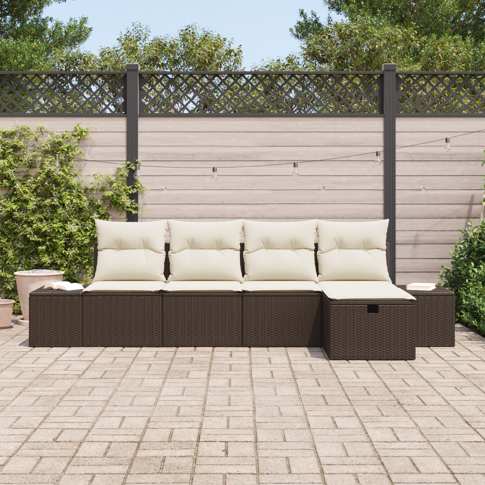 Set di Divani da Giardino 5 Pezzi con Cuscini Marrone Rattan Polimerico