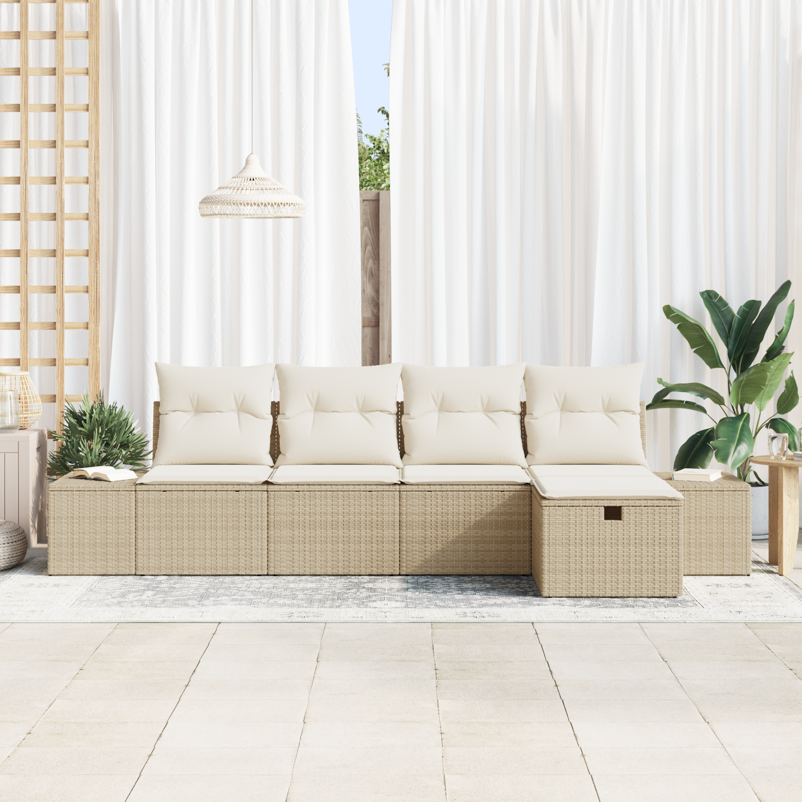 Set Divani Giardino 5 Pezzi con Cuscini Beige in Rattan Poly
