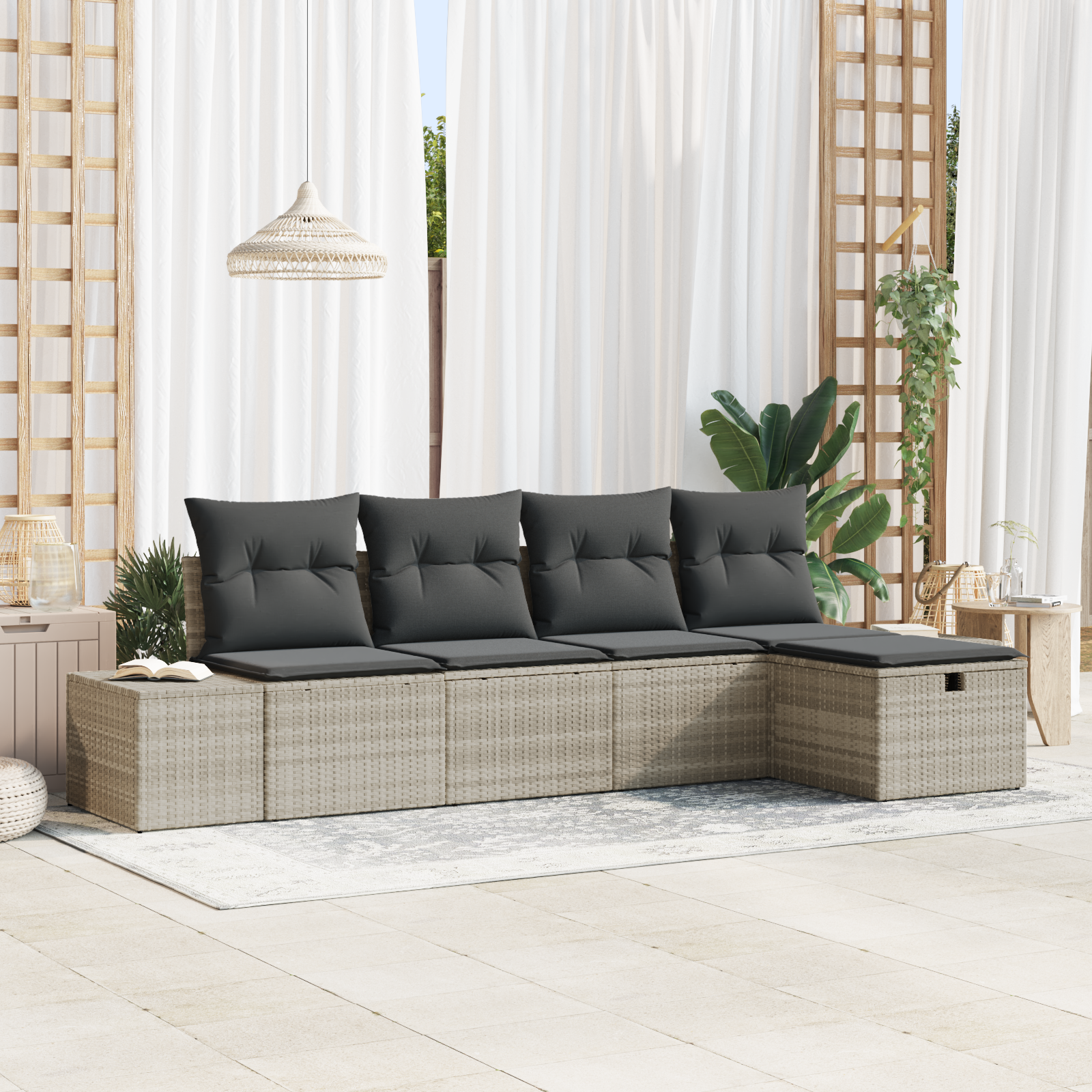 Set di 5 Pezzi Divano da Giardino con Cuscini Grigio Chiaro in Polyrattan