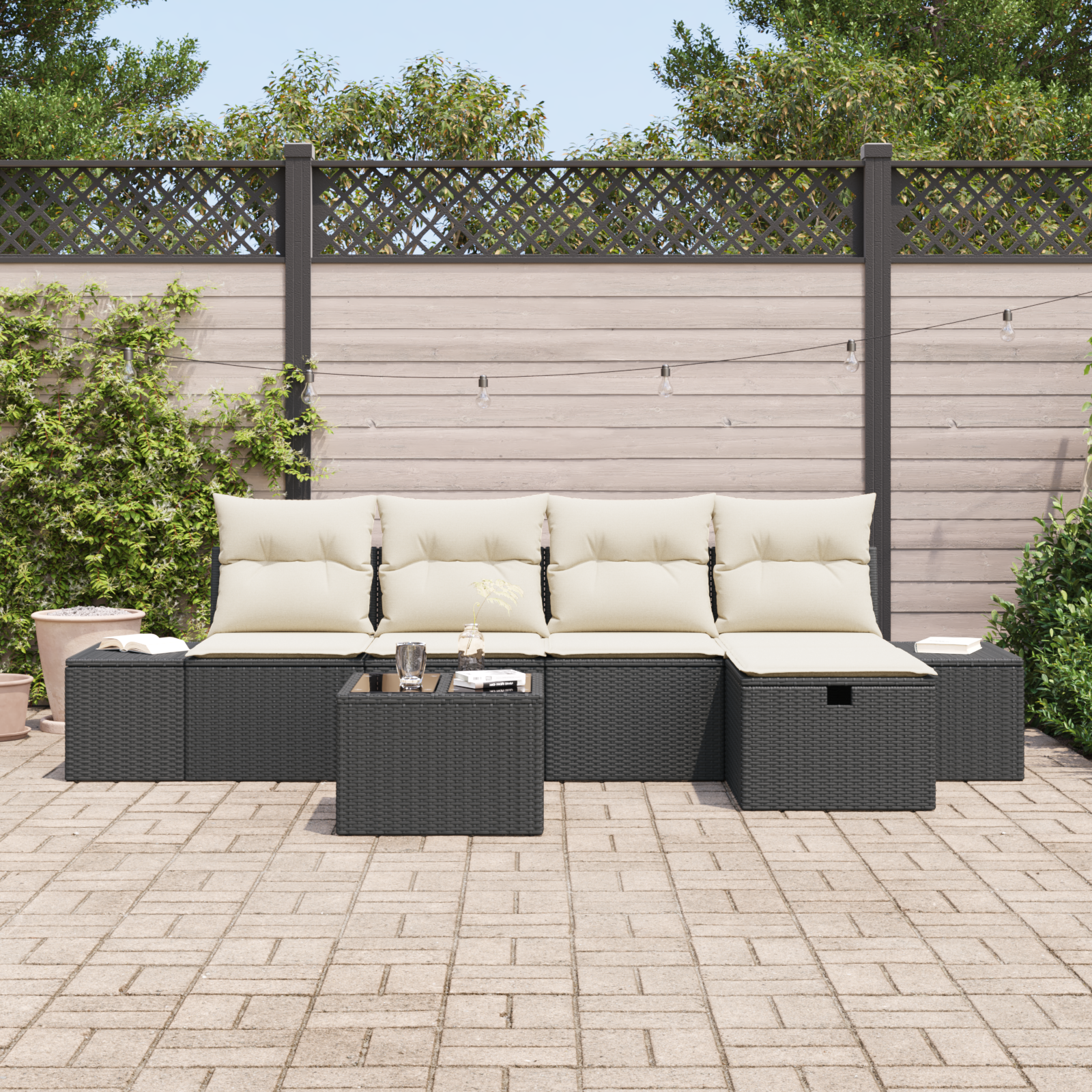 Set divani giardino 6 pezzi con cuscini in rattan nero