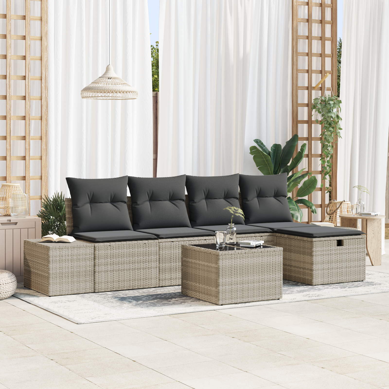 Set Divano da Giardino 6 Pezzi con Cuscini Grigio Chiaro Rattan Sintetico