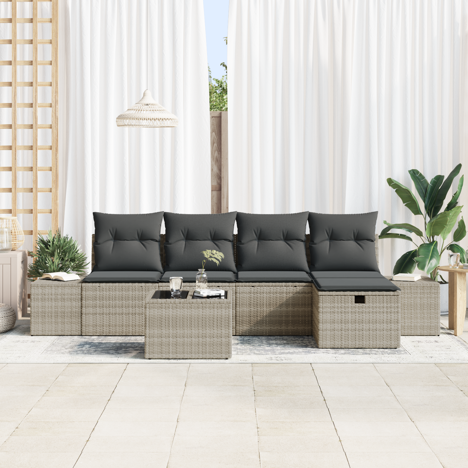Set Divano da Giardino 6 Pezzi con Cuscini Grigio Chiaro Rattan Sintetico