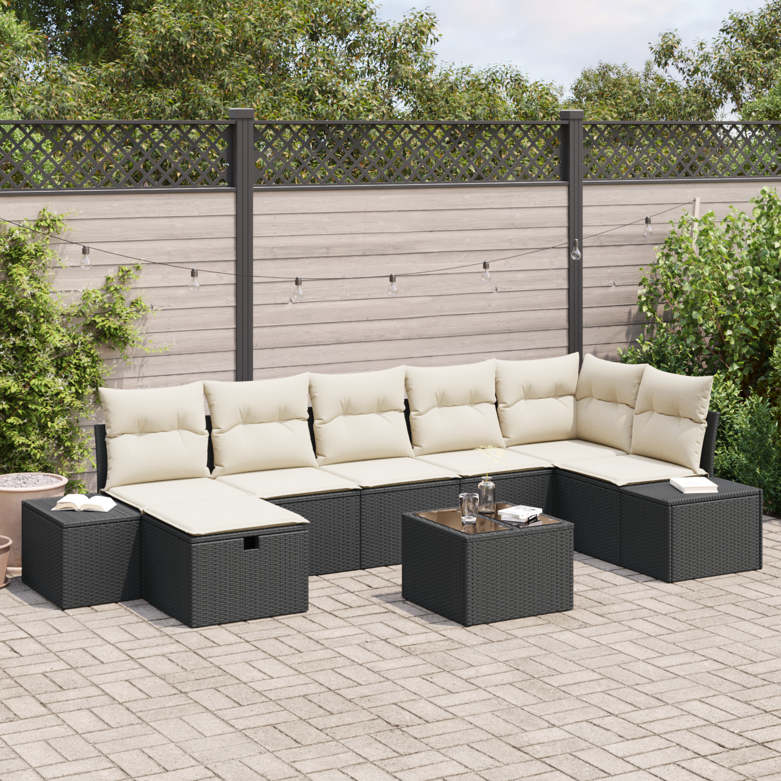 Set divano giardino 8 pezzi con cuscini in polyrattan nero