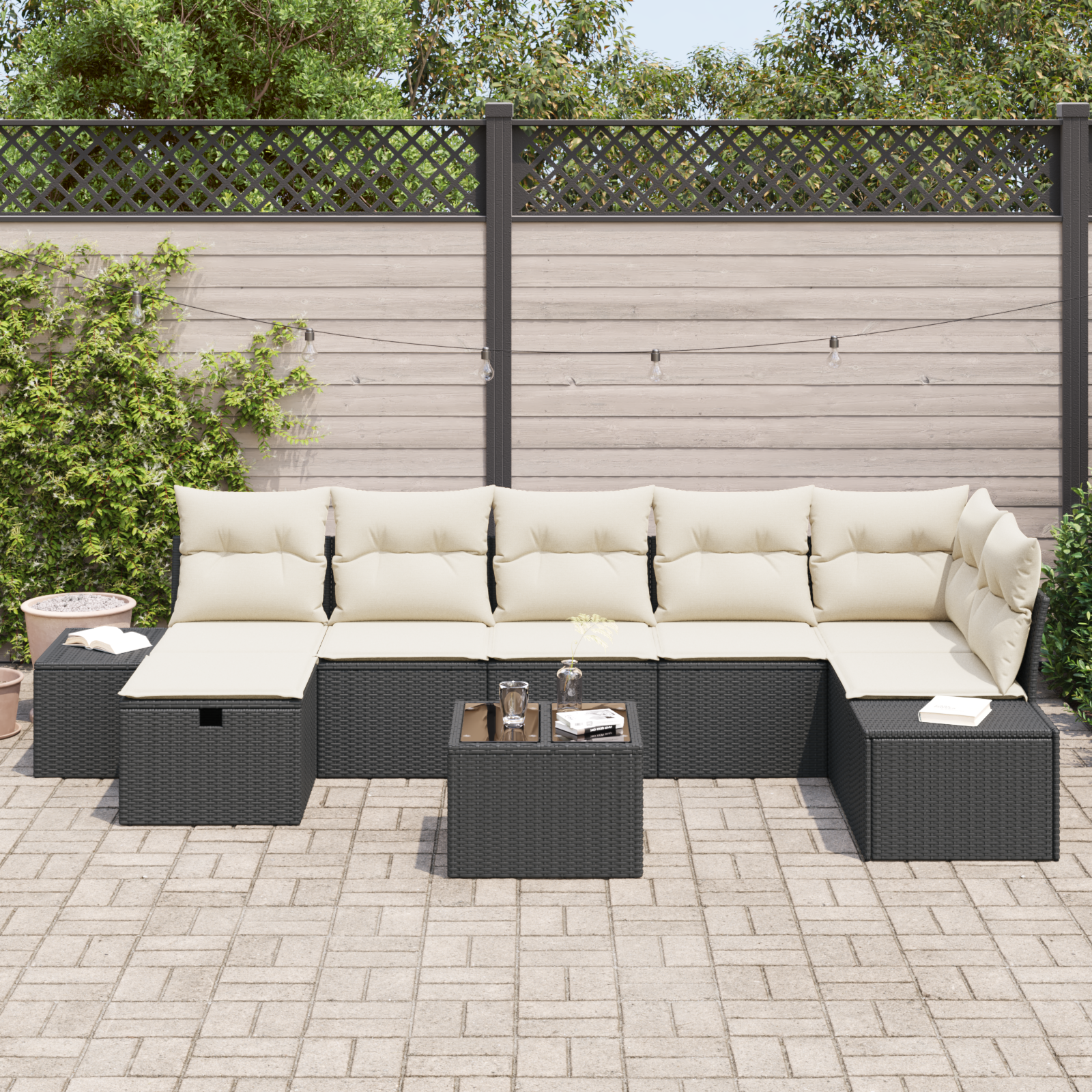 Set divano giardino 8 pezzi con cuscini in polyrattan nero