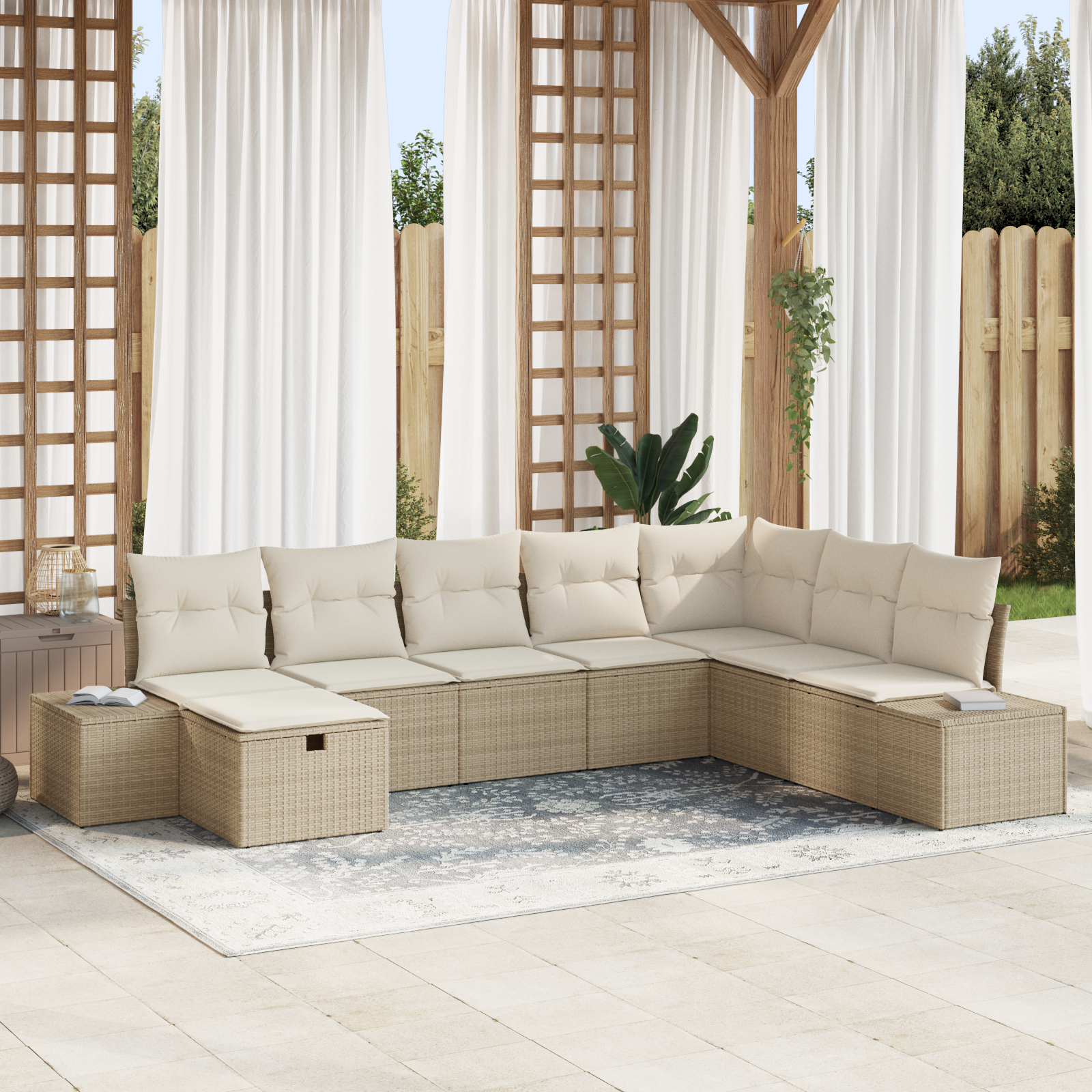 Set di 8 Pezzi Divano da Giardino con Cuscini Beige Rattan Polietilene