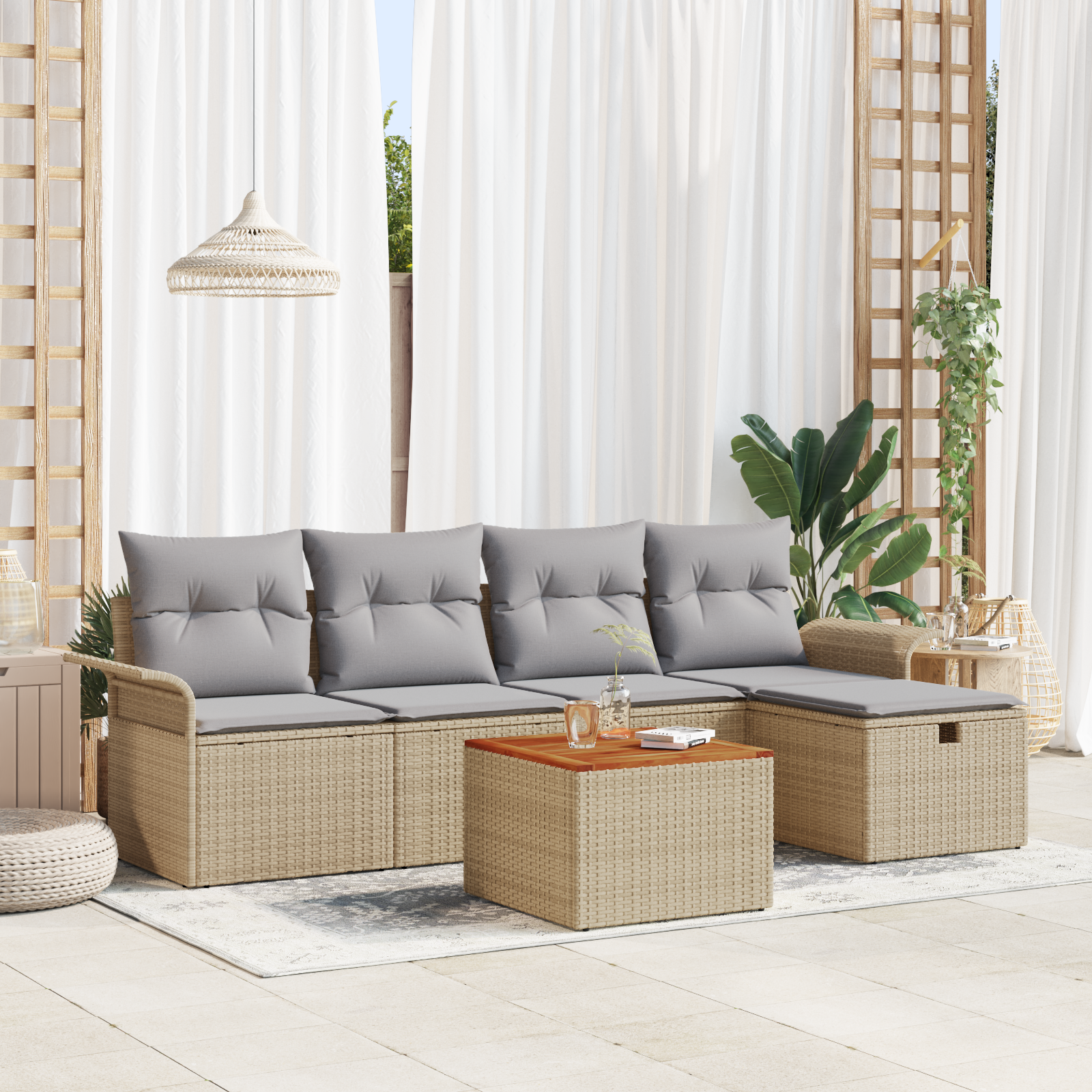 Set di Sofà da Giardino di 6 Pezzi con Cuscini Beige in Polyrattan