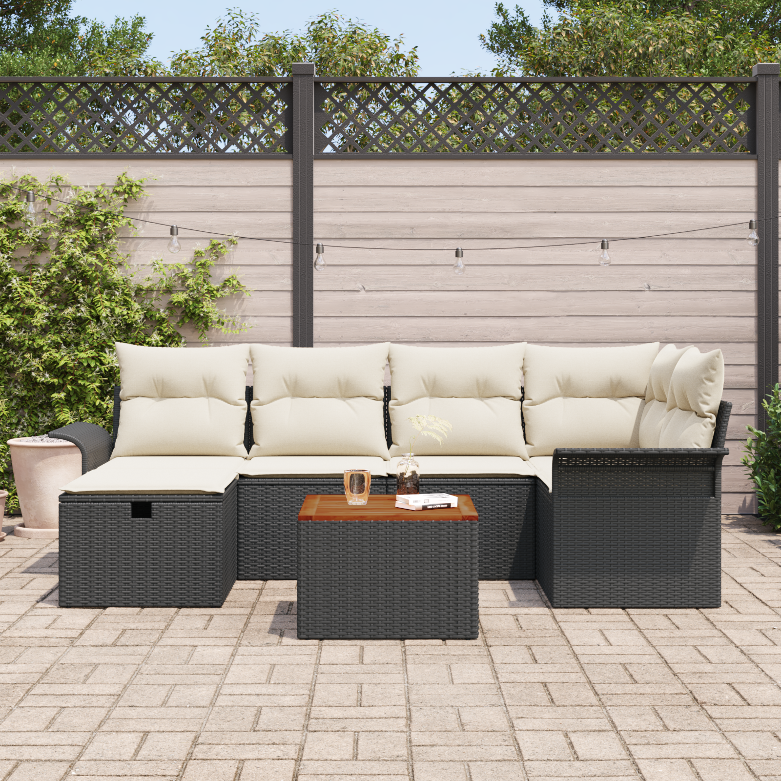 Set Divano da Giardino  7 Pezzi con Cuscini Rattan Nero