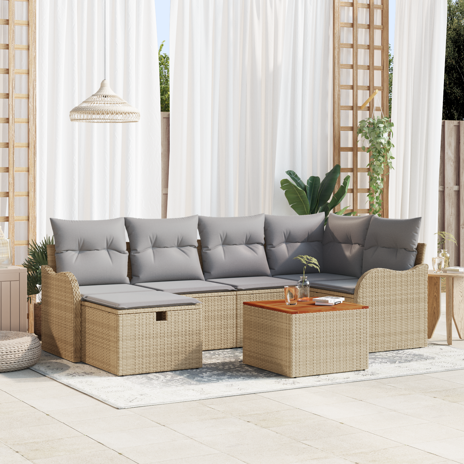 Set Divano da Giardino  7 Pezzi con Cuscini Beige in Rattan Polivalente