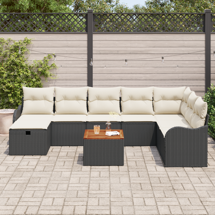 Set di Divani da Giardino di 9 Pezzi con Cuscini Nero Polyrattan