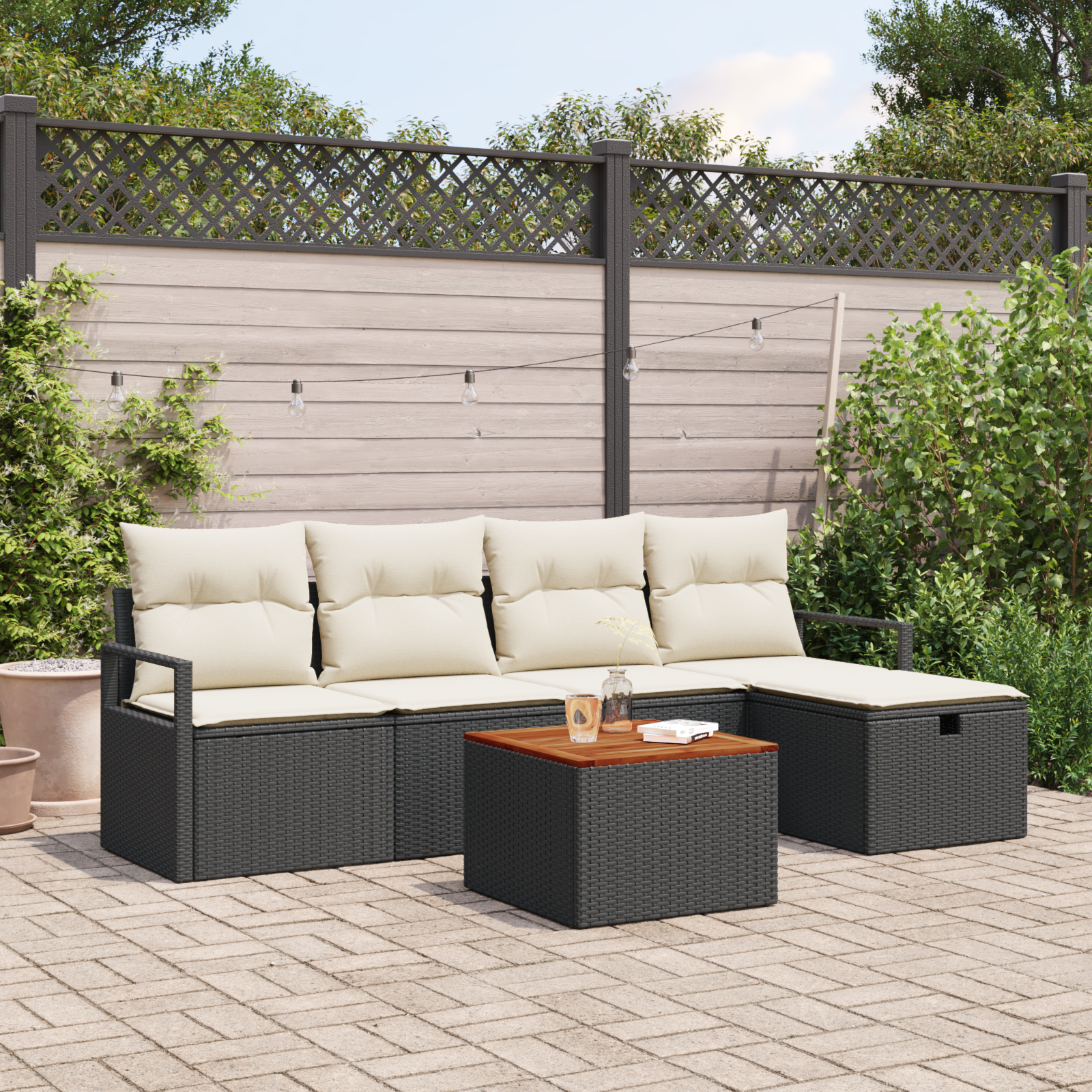 Set divani giardino 6 pezzi con cuscini in polirattan nero