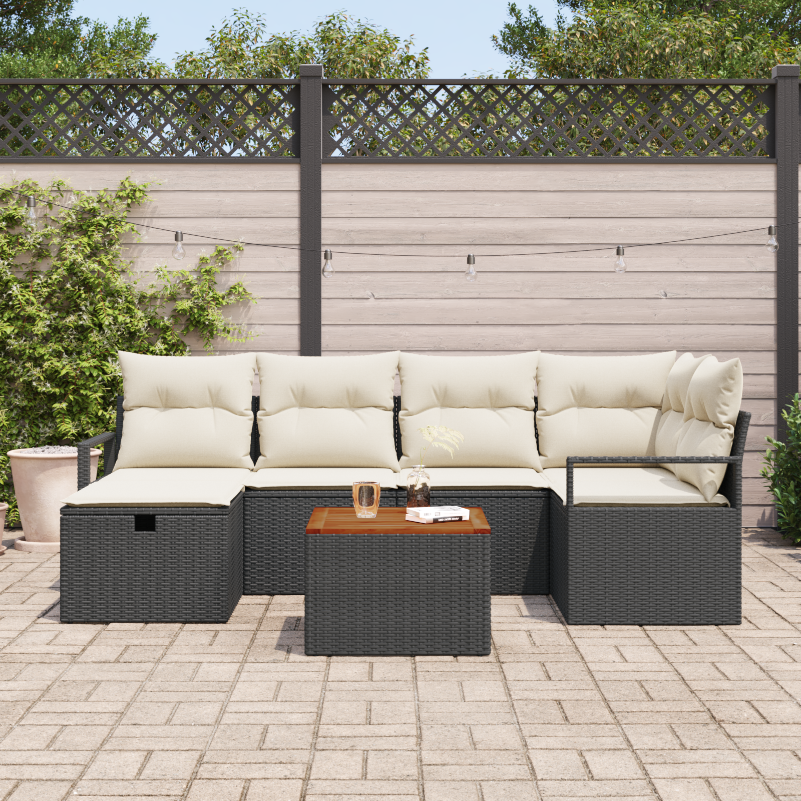 Set di divani da giardino  7 pezzi con cuscini Nero Polyrattan