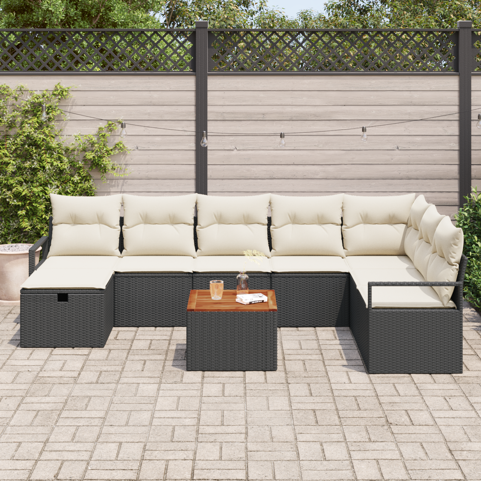 Set di divano da giardino da 9 pezzi con cuscini Rattan sintetico nero