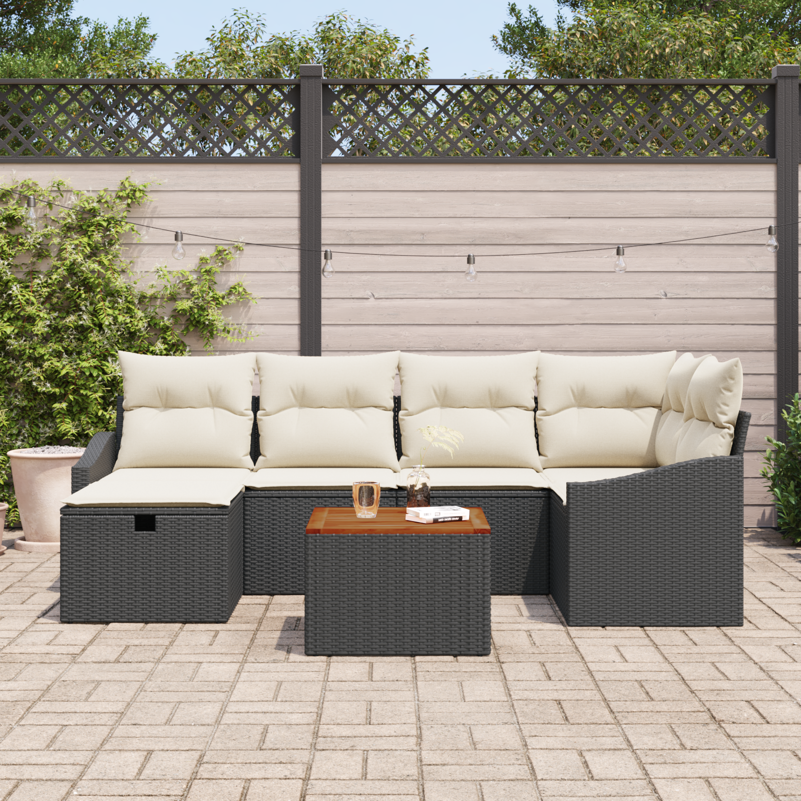 Set divano da giardino 7 pezzi con cuscini neri in polyrattan