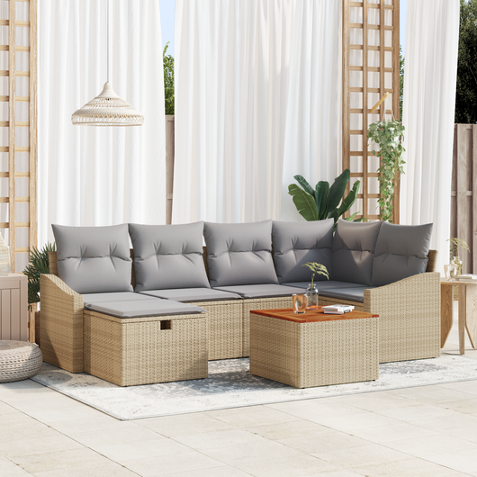 Set Divano da Giardino di 7 Pezzi con Cuscini Beige in Polirattan