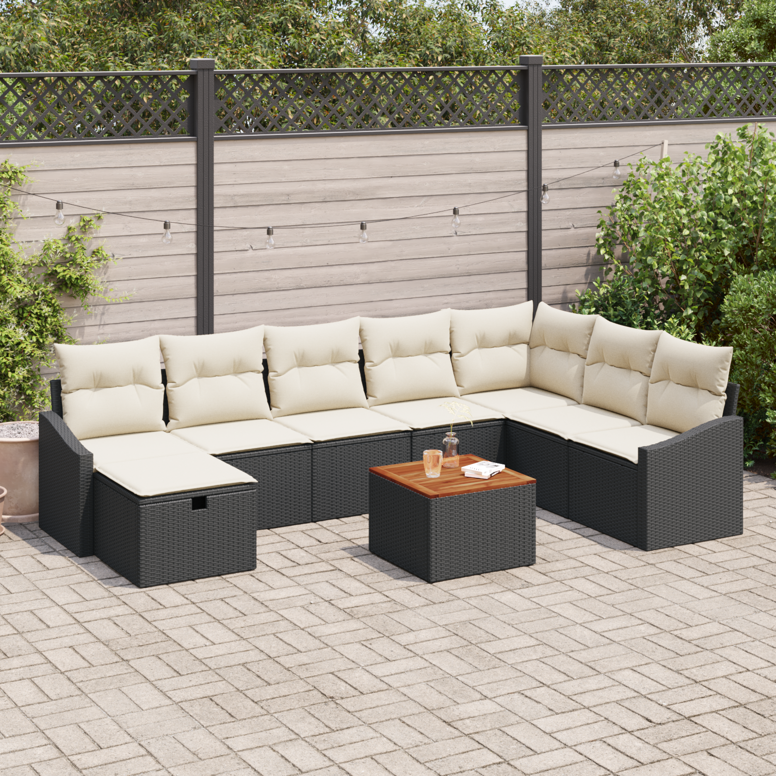 Set Divano da Giardino 9 Pezzi con Cuscini Rattan Nero