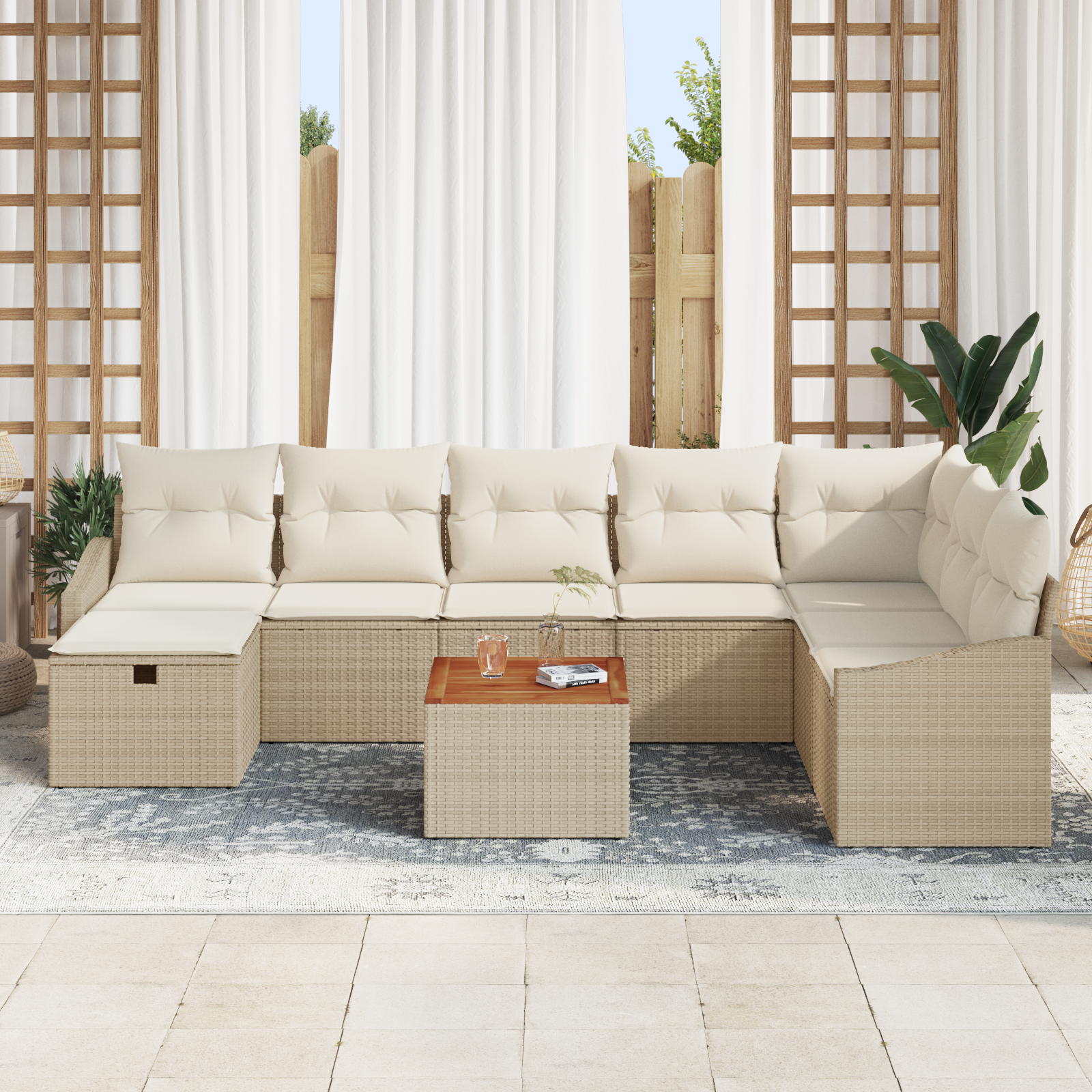Set di divani da giardino 9 pezzi con cuscini beige in polyrattan