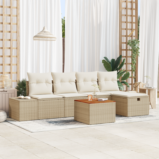 Set Divano da Giardino 6 Pezzi con Cuscini Beige in Polirattan