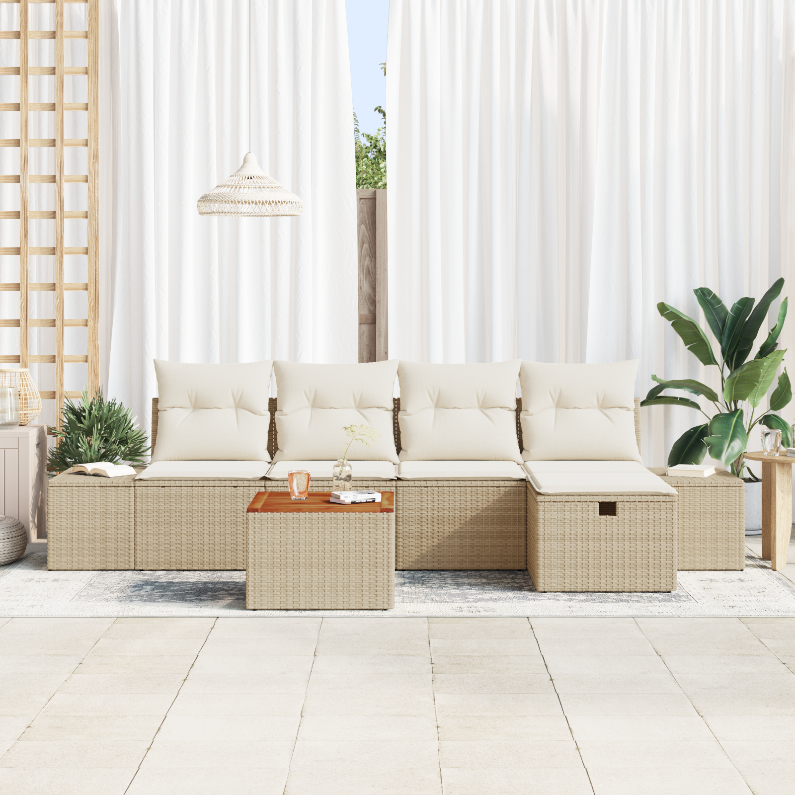 Set Divano da Giardino 6 Pezzi con Cuscini Beige in Polirattan