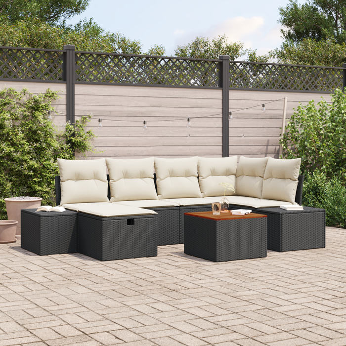 Set di divani da giardino in 7 pezzi con cuscini in polyrattan nero