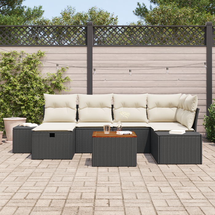 Set di divani da giardino in 7 pezzi con cuscini in polyrattan nero