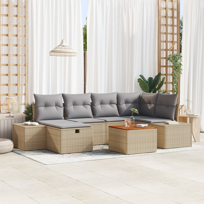 Set Divano da Giardino 7 Pezzi con Cuscini Beige in Polyrattan