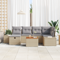 Set Divano da Giardino 7 Pezzi con Cuscini Beige in Polyrattan