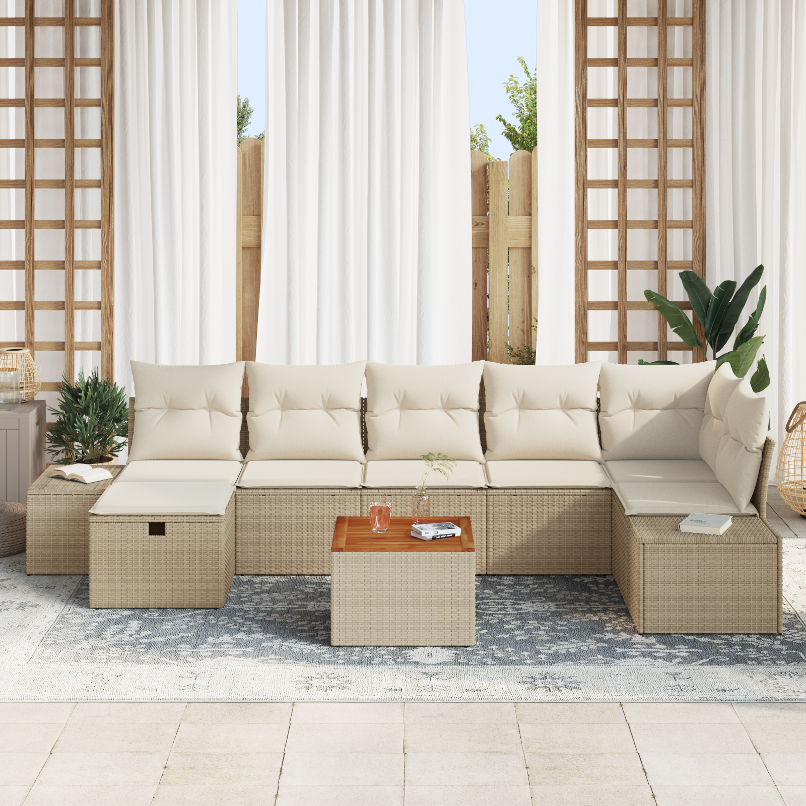 Set da Giardino 8 Pezzi con Cuscini Beige in Poly Rattan