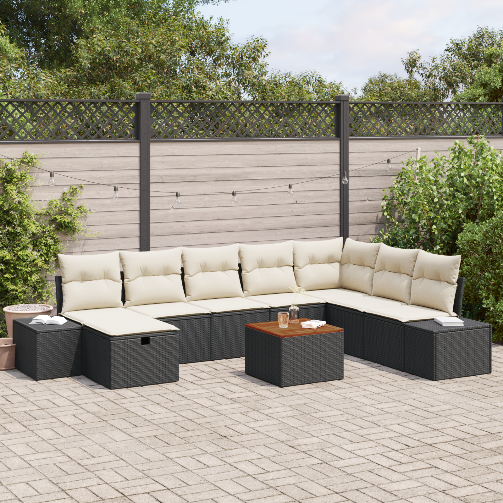 Set da Giardino 9 Pezzi con Cuscini Rattan Polirizzato Nero