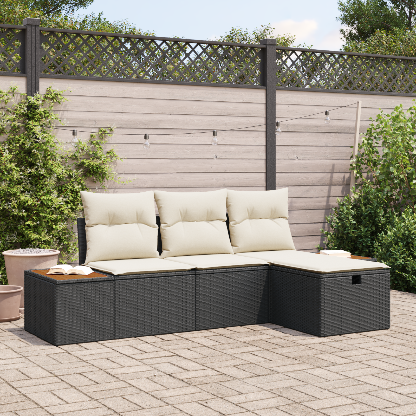Set di divani da giardino  4 pezzi con cuscini Nero Polyrattan
