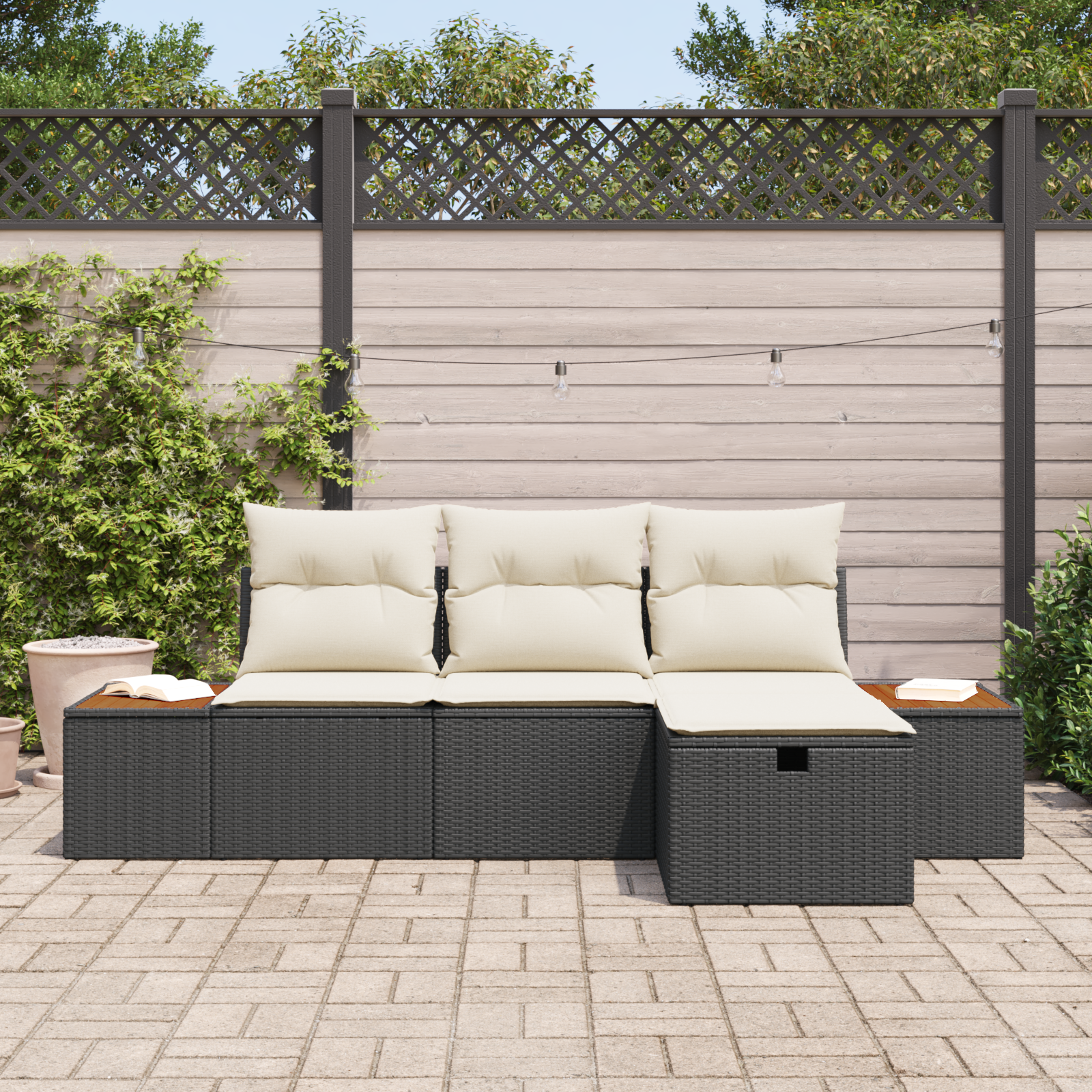 Set di divani da giardino  4 pezzi con cuscini Nero Polyrattan