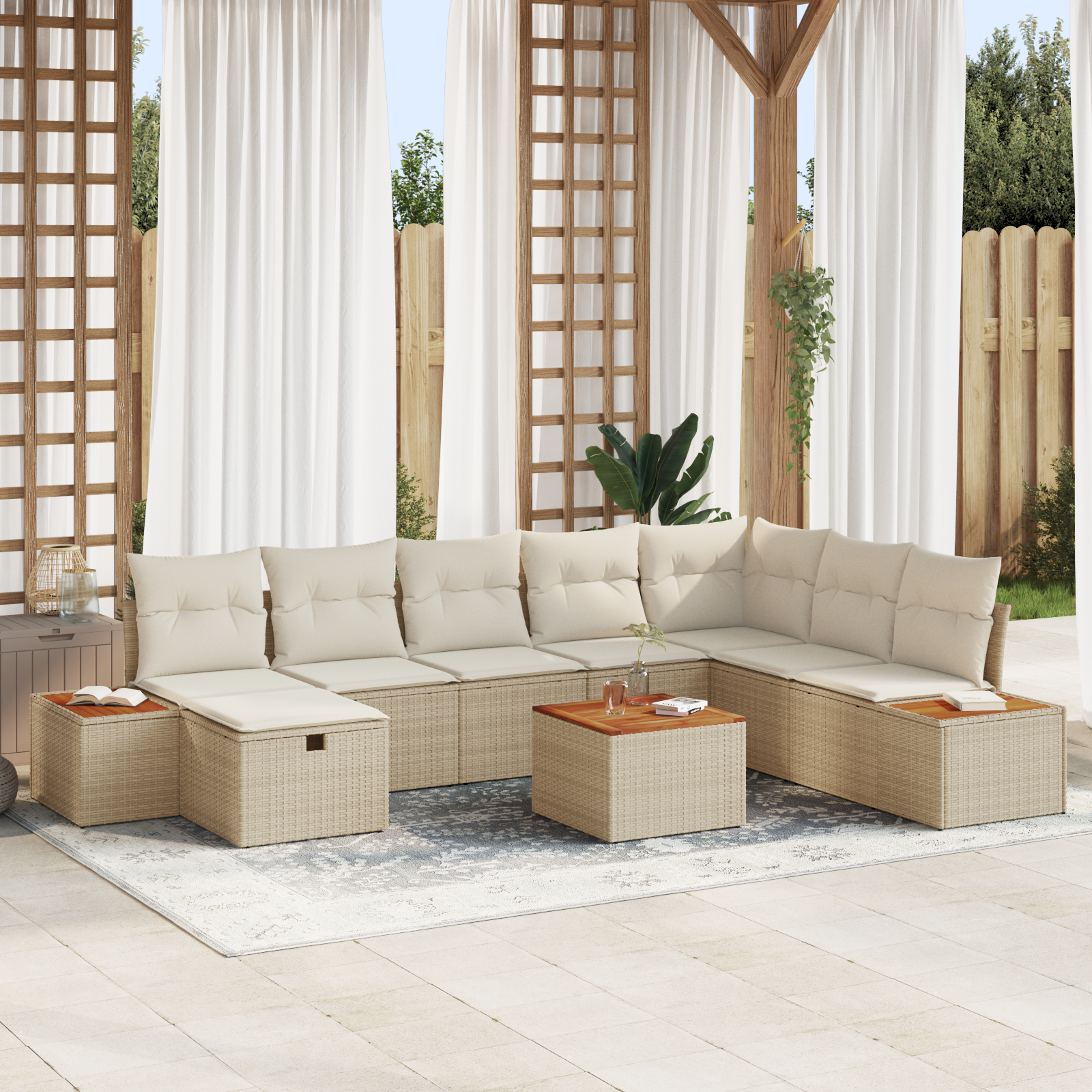 Set Divano da Giardino 9 Pezzi con Cuscini Beige Polyrattan