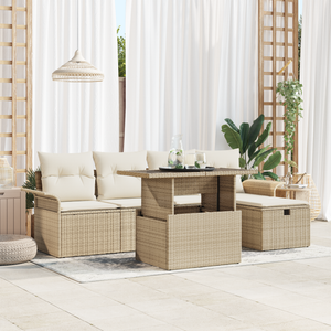 Set di Divani da Giardino  6 Pezzi con Cuscini Beige Rattan Poliestere