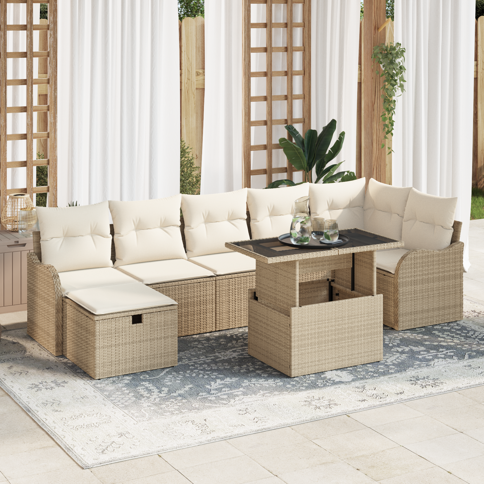 Set di divani da giardino 8 pezzi con cuscini beige in polyrattan